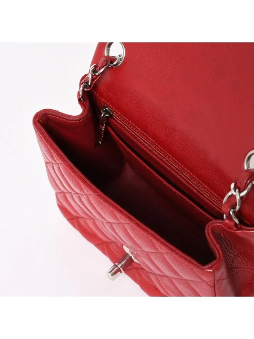 Chanel Mini Quilted 16 Chain Shoulder Bag Caviar Leather Red Silver